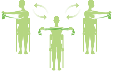 体幹回旋運動。両手でタオルを肩幅くらいの間隔で握り、まっすぐ前に伸ばす。腕を伸ばしたまま腰から回すようにして体を左右にひねる。