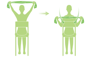 肩甲骨のタオルストレッチ。両手でタオルを肩幅より少し広めの間隔で握り、そのまま両腕を上げる。頭の後ろをとおり、首の後ろまで引き下げる。