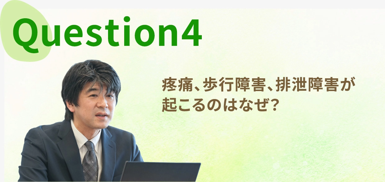 Question four, 疼痛、歩行障害、排泄障害が起こるのはなぜ？